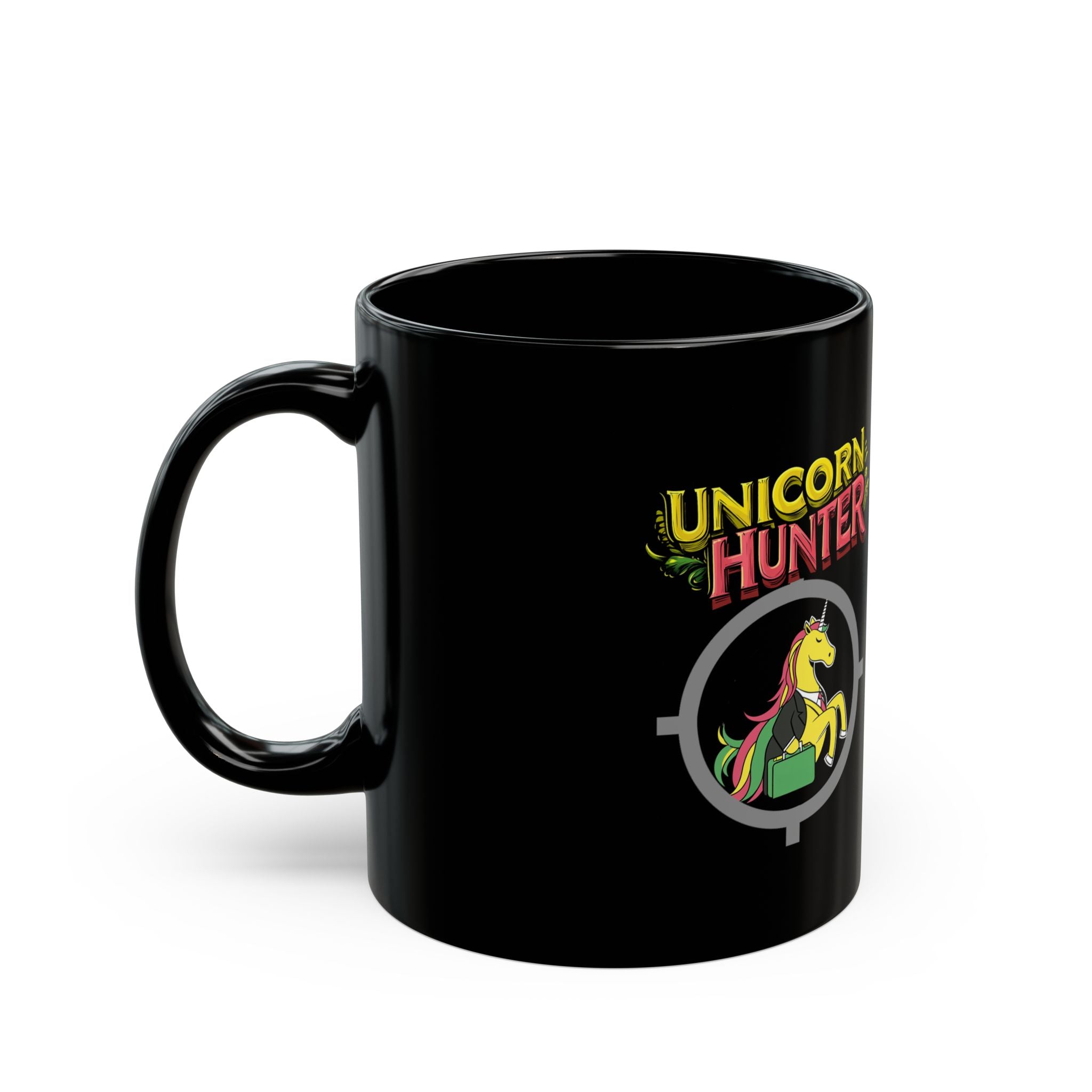 Unicorn Hunter Mug - Fun Black Coffee Cup for Fantasy Fans